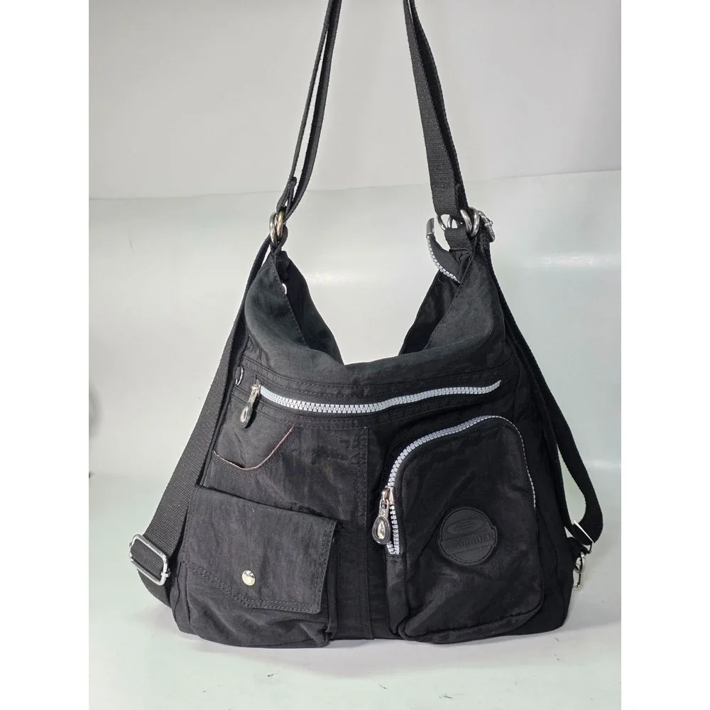 Jinqiaoer Shoulder Bag Backpack Black Multi Pockets Travel Zip Crossbody Bags